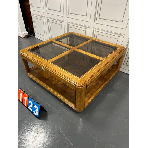 1123 - Vintage oak quad glass top coffee table, barker and stone house?