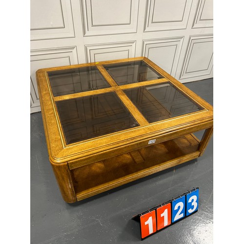 1123 - Vintage oak quad glass top coffee table, barker and stone house?