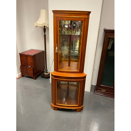 1158B - Yew wood corner cabinet with mirror back cut glass doors