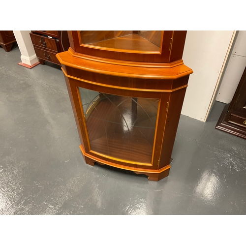 1158B - Yew wood corner cabinet with mirror back cut glass doors