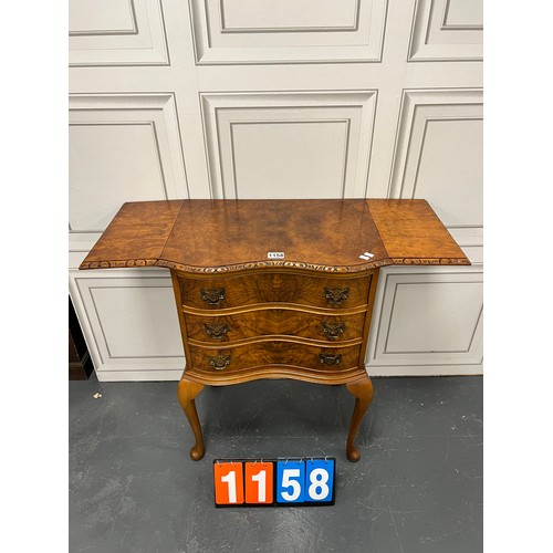 1158 - Walnut serpentine drop leaf 3 drawer chest good colour