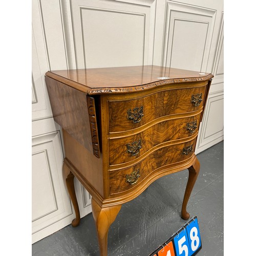 1158 - Walnut serpentine drop leaf 3 drawer chest good colour