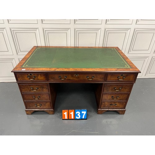 1137 - Large burr walnut leather top twin pedestal desk