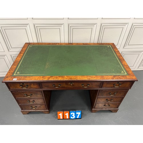 1137 - Large burr walnut leather top twin pedestal desk