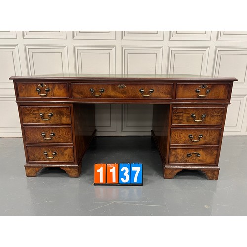 1137 - Large burr walnut leather top twin pedestal desk