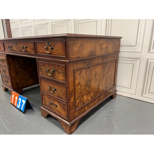 1137 - Large burr walnut leather top twin pedestal desk