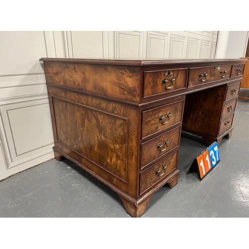 1137 - Large burr walnut leather top twin pedestal desk