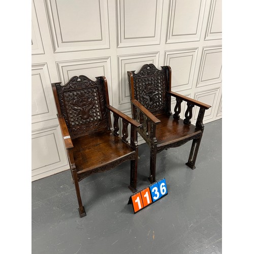 1136 - Pair of antique carved chinese chairs