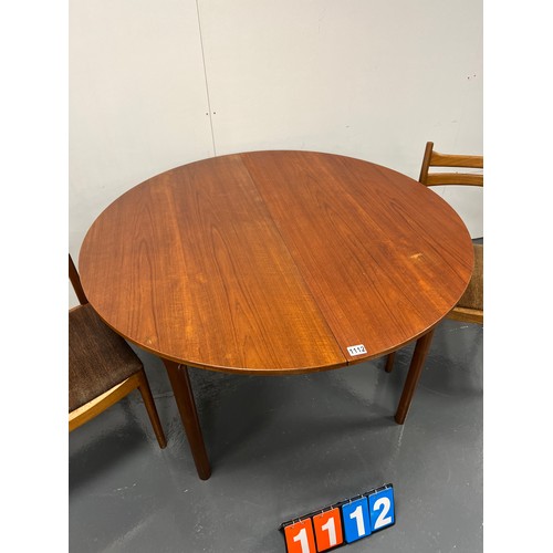 1112 - Mcintosh teak round dining table (top a/f) + 2 chairs