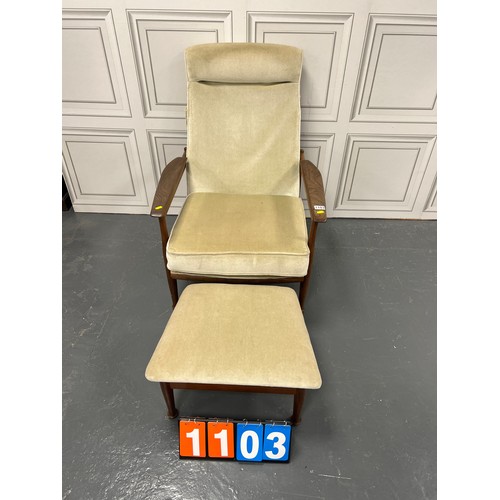 1103 - Mid century manhattan teak arm chair/ recliner + foot stool guy rogers needs recovering