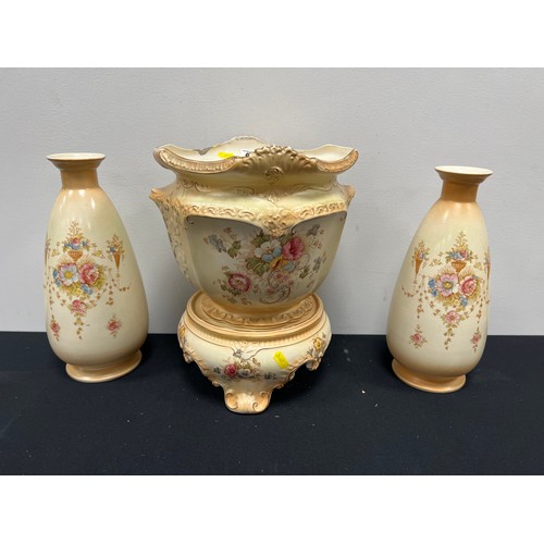 640 - Pair of Victorian crown Devon fielding vase + jardiniere on stand