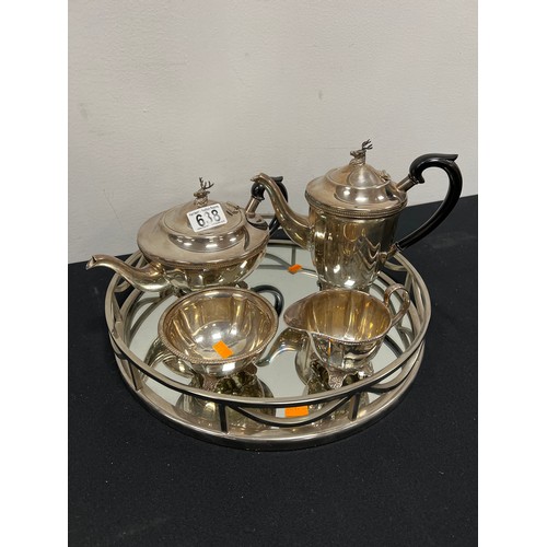 638 - Silver plated stags head tea set + tray