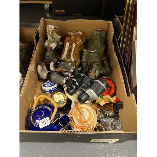 300 - Box of pottery inc figures tea pots etc