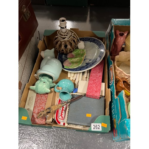 262 - 2 Boxes pottery etc + suitcases