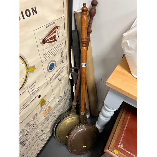 216 - 2 Victorian bedwarmers inc one walnut handle with copper pan + Victorian pan rack etc