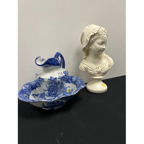 174 - Blue/white jug & bowl + resin bust