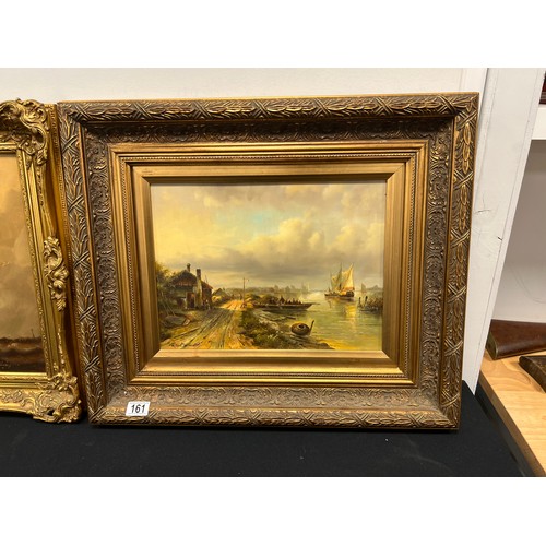 161 - 2 Oil on board pictures ' boating scene' in gilt frames