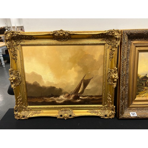 161 - 2 Oil on board pictures ' boating scene' in gilt frames