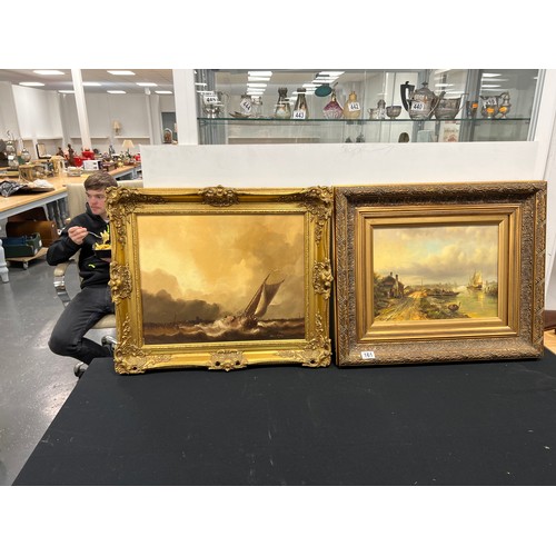 161 - 2 Oil on board pictures ' boating scene' in gilt frames