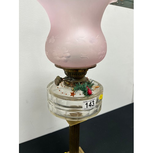 143 - Victorian oil lamp & glass bowl with glass shade & funnel on column base