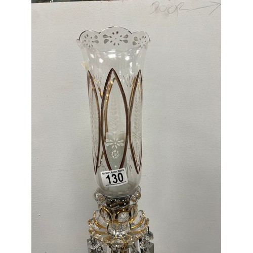 130 - Beautiful vintage cut crystal hurricane table lamp with ethced glass shade