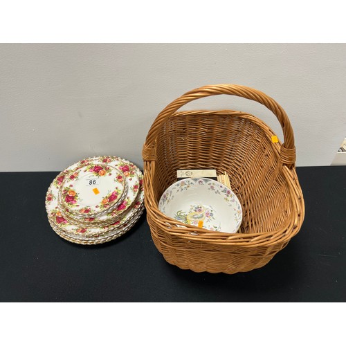 86 - Quantity royal albert country rose plates + wicker basket & contents