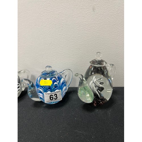 63 - 4 Glass tea pot paperweights