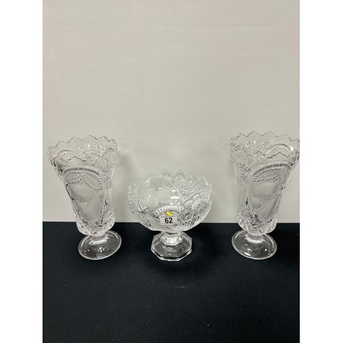 62 - Large cut glass bowl on stand with matching pair tall vases