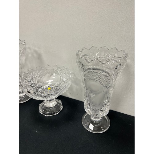 62 - Large cut glass bowl on stand with matching pair tall vases