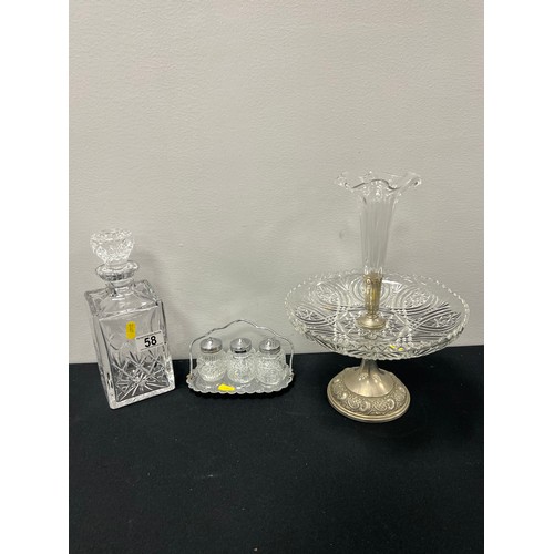 58 - Epern on glass stand, cut glass decanter & cruet set