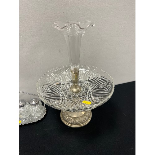 58 - Epern on glass stand, cut glass decanter & cruet set