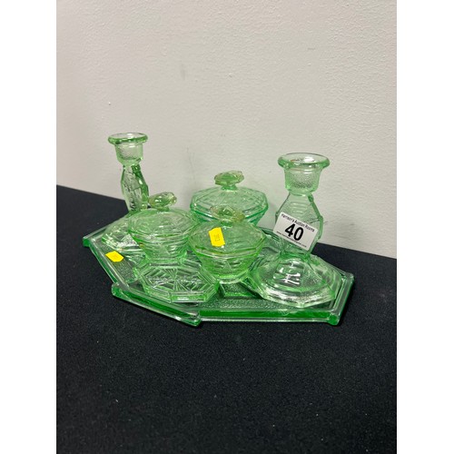 40 - Vintage deco green glass dressing table set