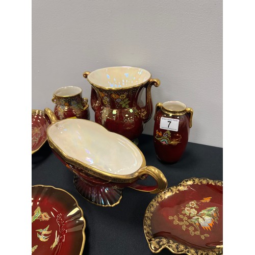 7 - 7 Pieces crown devon rouge royal vases, bowl dishes