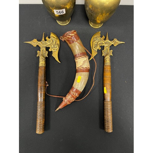 566 - Pair brass vases + pair axes + horn