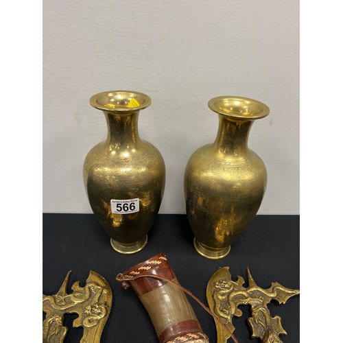 566 - Pair brass vases + pair axes + horn