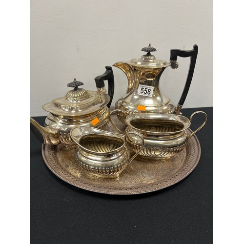 558 - Silver plate tea set on tray