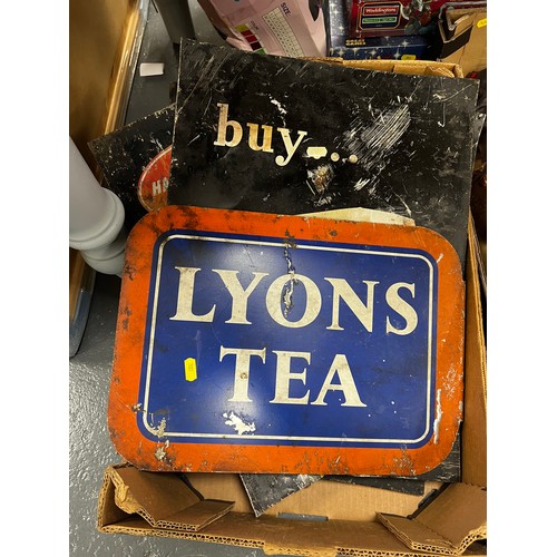 536 - Box metal signs lyons tea etc