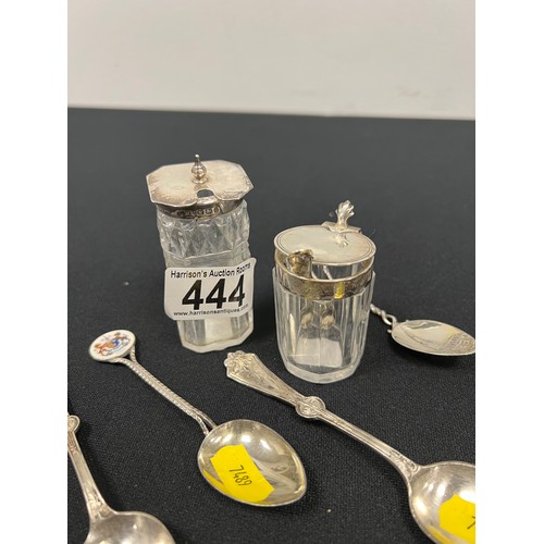 444 - 2 Silver topped condiments + 5 silver spoons