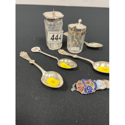 444 - 2 Silver topped condiments + 5 silver spoons