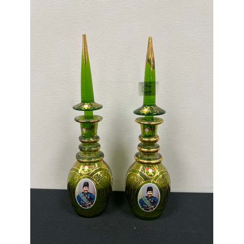 434 - Vintage bohemian green glass decanters