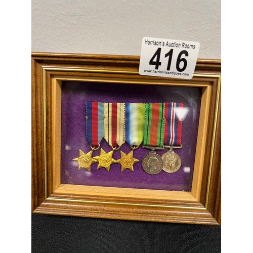 416 - 5 Framed miniture WW2 medals - dress ' served on H.M.S rosaura sunk 1941 of TOBRUK