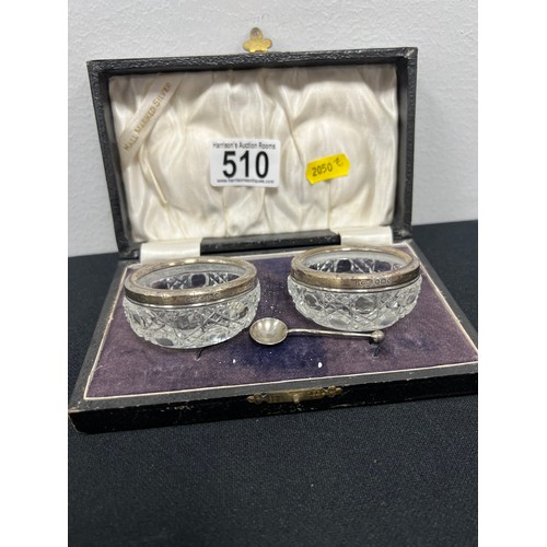 510 - Pair silver topped/ cut glass bowls in case