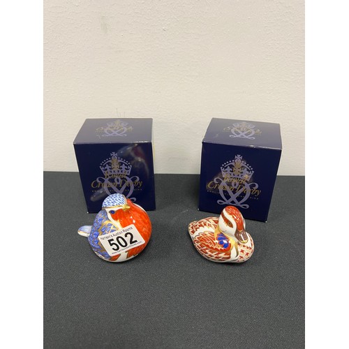 502 - 2 Royal crown derby boxed paperweights gold stoopers robin & duckling