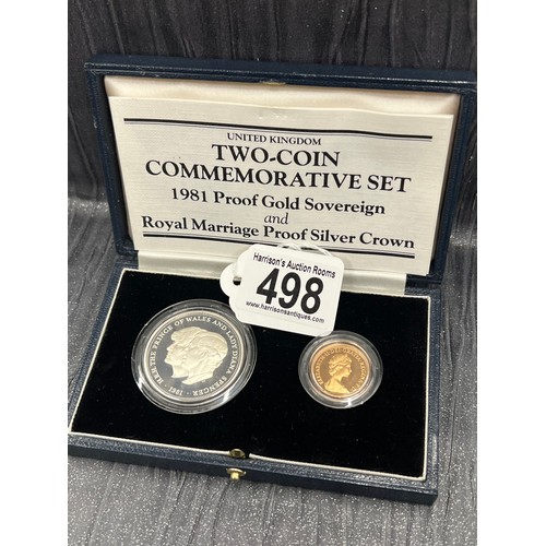 498 - 2 Coin commemorative set 1981 proof gold sovereign & royal marriage proof silver crown