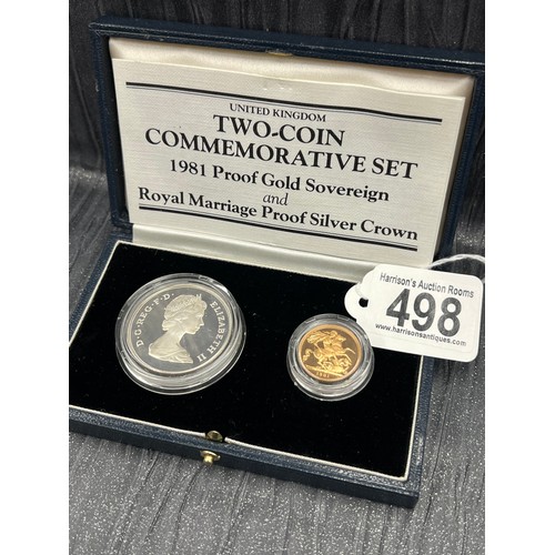 498 - 2 Coin commemorative set 1981 proof gold sovereign & royal marriage proof silver crown