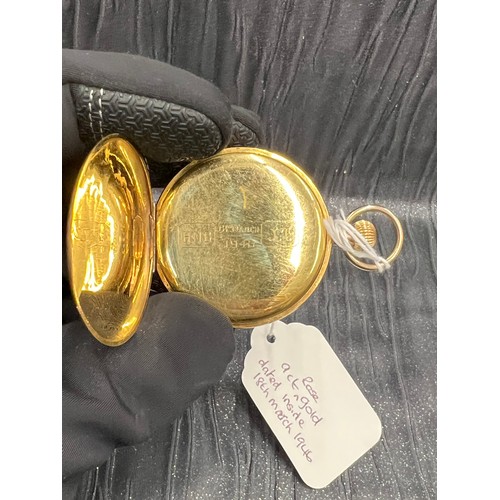 457 - 9ct Rose gold gents pocket watch dated inside 18th march 1946