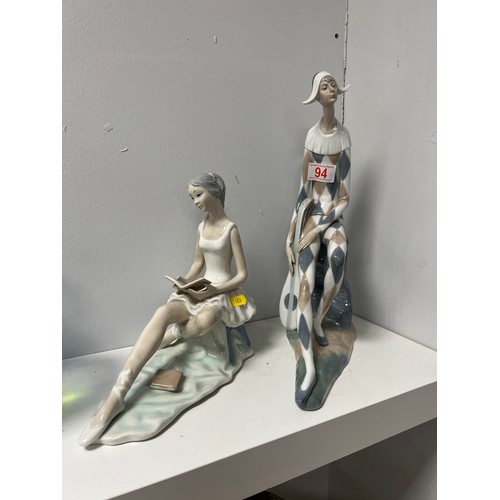 94 - Large Nao by Lladro figure 'harlequin' + 1 other spanish figure