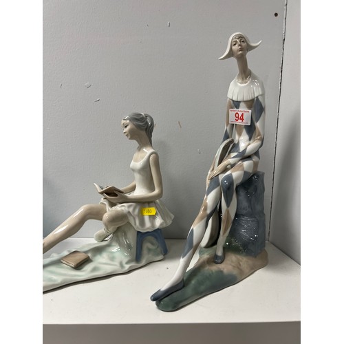 94 - Large Nao by Lladro figure 'harlequin' + 1 other spanish figure