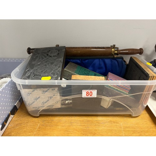 80 - Box collectables carving sets cutlery, printing blocks etc