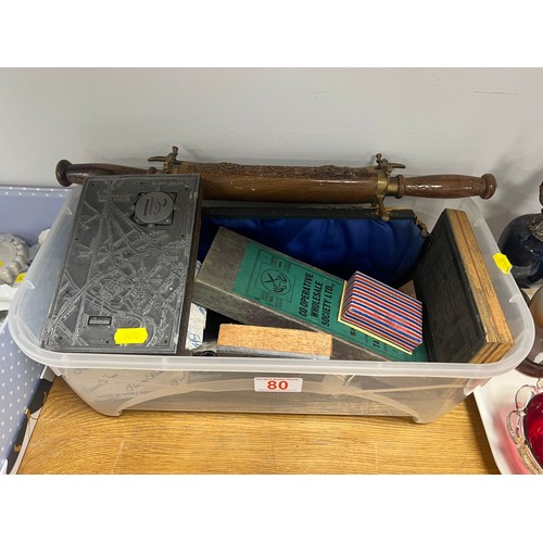 80 - Box collectables carving sets cutlery, printing blocks etc